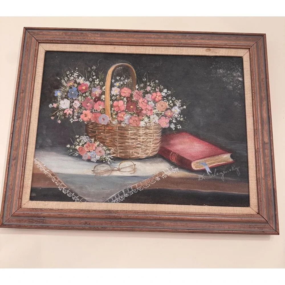 Vintage Still Life Oil Painting Floral Basket Home Decor 16x20 Cottage Dainty